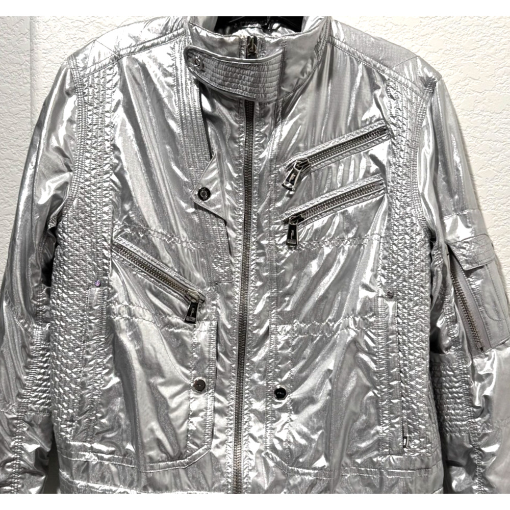 90s Ralph Lauren Black Label Silver Foil Zip Bomber Jacket 8 Streetwear Techno